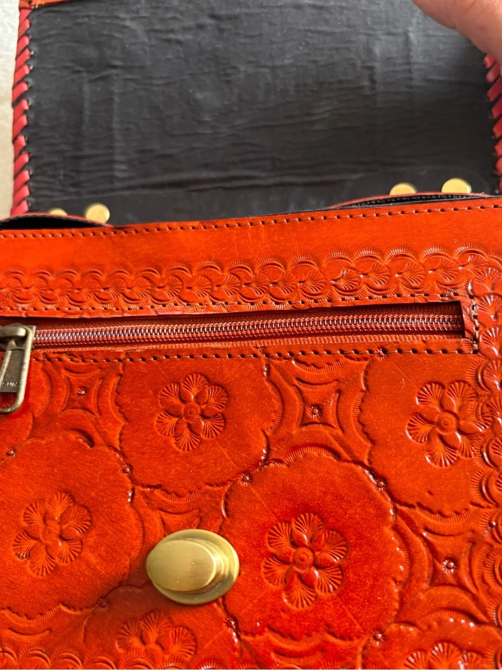 Brown Reddish Floral Embossed Faux Leather Crossbody Bag Adjustable Strap Boho